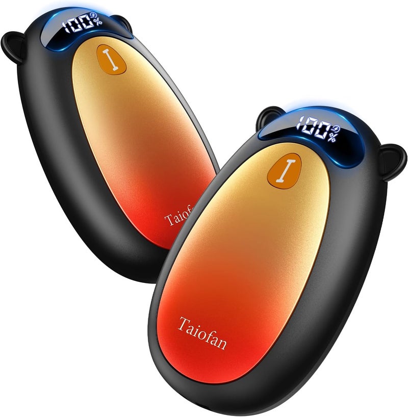 Taiofan سخانات يد كهربائية قابلة لإعادة الشحن، تصميم دب لطيف، شاشة LED، 4 إعدادات، تسخين سريع، سخانات يد محمولة في جيب، 2 عبوة لأساسيات الصيد، هدية للرجال والنساء - Image 1
